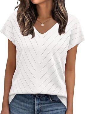 WIHOLL Short Sleeve Sweaters for Women Casual V Neck Spring Summer Tops Pullover